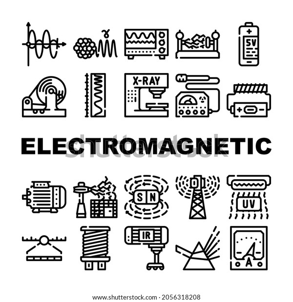 Electromagnetic\
Science Physics Icons Set Vector. Electromagnetic And Ultraviolet\
Waves, X-ray Electronic Equipment And Spectrum Range, Prism Light\
And Sv Battery Contour\
Illustrations