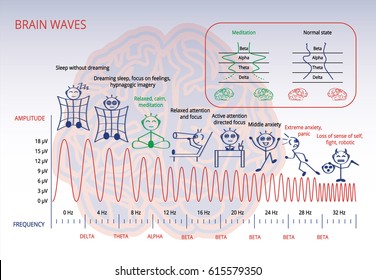 Electromagnetic spectrum of a brain. Scheme about brain waves, relation between the amplitude and frequency with person's state. 