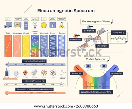 Electromagnetic spectrum diagram shows waves, frequency, and visible light spectrum. Neubrutalism style diagram.