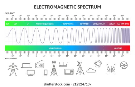 Electromagnetic spectrum infographic, magnetic wavelengths diagram. Physics magnetic radiation waves vector illustration. Diagram of electromagnetic spectrum. Radiofrequencies, microwaves