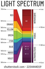 Electromagnetic spectrum with visible part to the human eye, violet, blue, green, yellow, orange, red color gradient