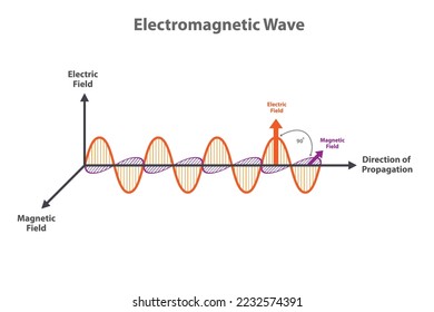 Electromagnetic Wave vector illustration. scientific illustration of electromagnetic wave consisting of electric and magnetic fields and propagation. Wavelength, amplitude, frequency. waves, light.