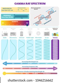 Electromagnetic Waves: Radioactive Gamma Rays Spectrum. Vector illustration diagram with wavelength, frequency, harmfulness and wave structure. Science educational information. Info poster.