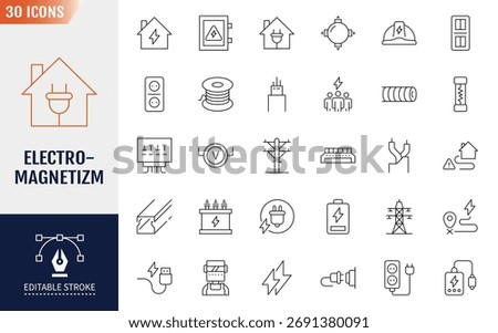Electromagnetism Line Editable Icons set. Containing icons: electricity meter, electric cable, electrical panel, and more. Vector illustration