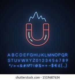 Electromagnetism neon light icon. Electromagnetic force. Magnetic field phenomena. Magnetism effect. Horseshoe magnet. Glowing sign with alphabet, numbers and symbols. Vector isolated illustration