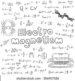 Electromanetism electric magnetic  law theory and physics mathematical formula equation, doodle handwriting icon in white isolated background paper with hand drawn model, create by vector
