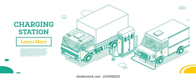 Electromobile Charging Station. Isometric Outline Concept. Vector Illustration. Truck and Van. Eco Transport. Green Energy.