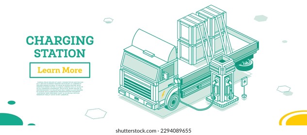 Electromobile Charging Station. Isometric Outline Concept. Vector Illustration. Truck, Van and Bus. Eco Transport. Green Energy.