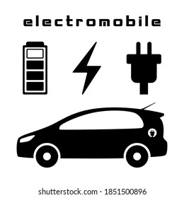 Electromóvil. Iconos de carga, batería, enchufe, recarga de coches.
