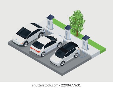 Electromobile transport isometric concept with electric cars charging on public station vector illustration