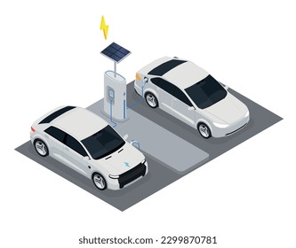 Electromobile transport isometric concept with electric cars charging with solar panel vector illustration