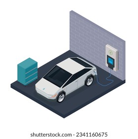 Electromobile transport isometric concept with electric car private charging station vector illustration