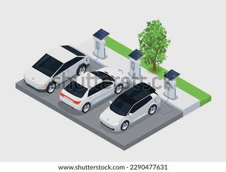 Electromobile transport isometric concept with electric cars charging on public station vector illustration