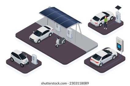 Electromobile transport station isometric icons set with electric cars charging isolated vector illustration