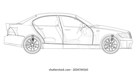 Electromobile. Vector rendering of 3d. Wire-frame style. The layers of visible and invisible lines are separated. Orthography