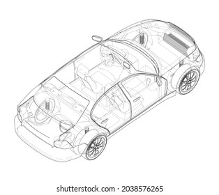 Electromobile. Vector rendering of 3d. Wire-frame style. The layers of visible and invisible lines are separated. Orthography