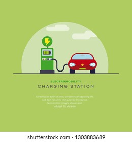 Electromobility concept. Electric car at charging station layout template flat design vector illustration