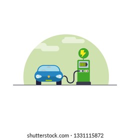 Electromobility concept. Electric car at charging station flat design vector illustration