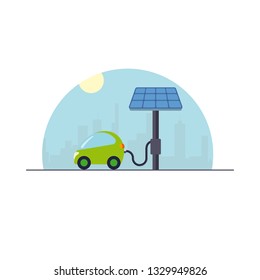 Electromobility concept. Electric compact car at solar powered charging station flat design vector illustration