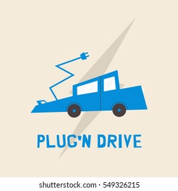 Electromobility e-motion concept. Flat vector illustration of a electric car ready with it's plug-wire to get charged. "plug'n drive" phrase. Minimal design