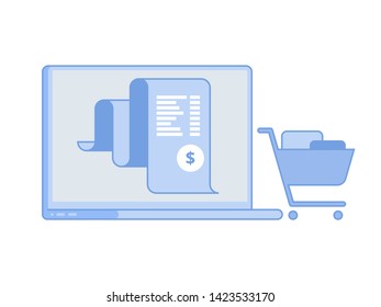 Electron bill, billing system online payment, finance report concept, laptop vector flat icon illustration