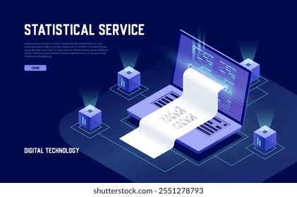 Electron bill, billing system, online payment, financial report concept, biing system, program code, and laptop showcased in a neon dark isometric vector style