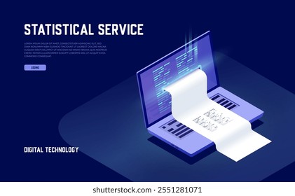 Electron bill, billing system, online payment, finance report concept, program code, laptop, neon dark isometric vector