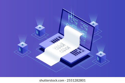 Electron bill, billing system, online payment, and financial report in neon-dark isometric vector style