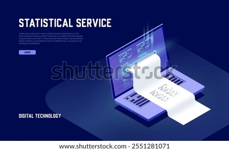 Electron bill, billing system, online payment, finance report concept, program code, laptop, neon dark isometric vector