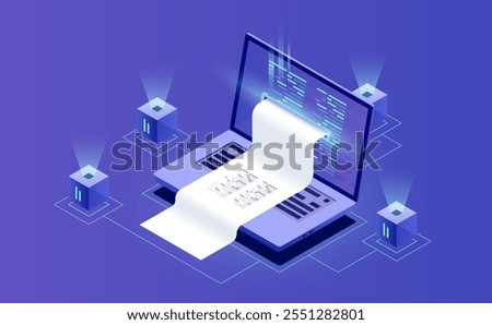 Electron bill, billing system, online payment, and financial report in neon-dark isometric vector style