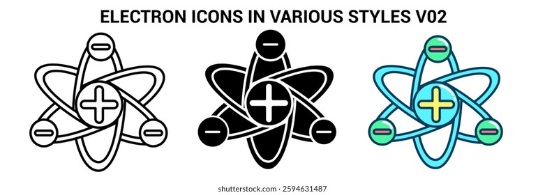 Electron icon represented by elektron, atom Line, Filled, Color style.