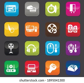 Iconos electrónicos establecidos para sitios web e interfaz de usuario. Botones de color sobre un fondo oscuro
