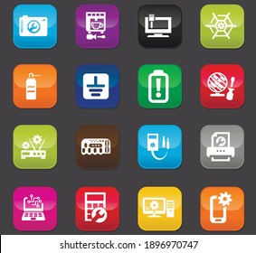 Elektrische Symbole für Webseiten und Benutzeroberflächen. Farbige Tasten auf dunklem Hintergrund