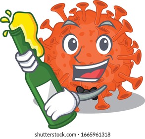 Electron microscopy coronavirus with bottle of beer mascot cartoon style