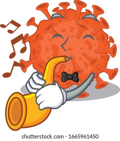 Electron microscopy coronavirus cartoon character design playing a trumpet