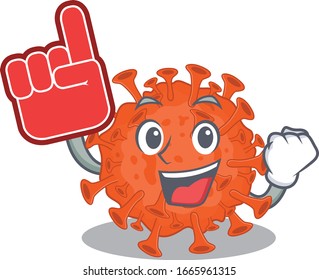 Dibujo de caricaturas de la mascota coronavirus en microscopia electrónica con el dedo espuma