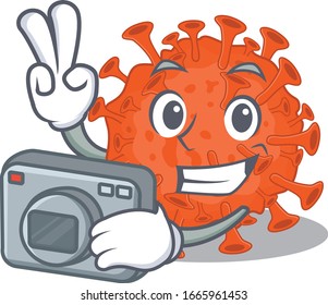 Diseño de mascota de coronavirus de microscopía electrónica como fotógrafo profesional con cámara