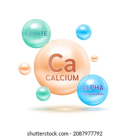 Electron for Minerals Calcium, Folate vitamin B9 and Alpha lactalbumin. Therapy helps maintain brain, strong bone. Medical scientific and healthcare concept. 3D Vector EPS10 illustration.