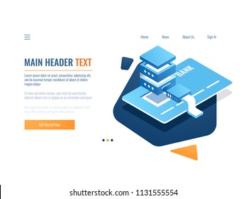 Electron payment and pay system, protection and encrypted money transfer operation, bank billing, credit card and server room isometric vector illustration