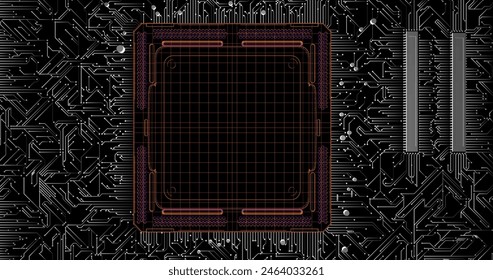 Electron scheme of the motherboard with a processor in the style of a hologram wire frame on a black background. Vector illustration.