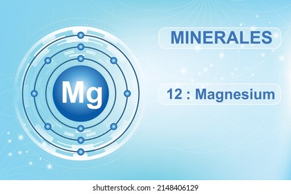 Electron shell diagram for the Mineral and macroelement mg, magnesium, the 12th element of the periodic table of the elements. Abstract light blue background. Information poster. Vector illustration