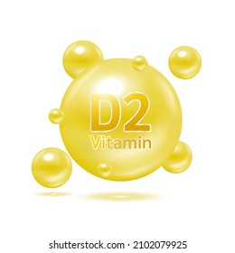 Electron for vitamin D2 and minerals complex. Glossy vitamins pills capsules. Pill, Healthy food supplement. Medical scientific and healthcare concept. Isolated on white background 3D Vector EPS10.