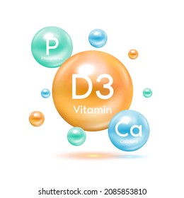 Electron for Vitamin D3 and Minerals Calcium, Phosphorus. Therapy helps maintain strong bone. Medical scientific and healthcare concept. 3D Vector EPS10 illustration.