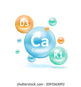 Electrón para vitamina D3 y calcio de minerales. La terapia ayuda a mantener el hueso fuerte. Concepto médico científico y sanitario. Ilustración EPS10 del vector 3D.