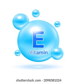 Electrón para el complejo de vitamina E y minerales. Cápsulas de vitaminas brillante. Píldora, suplemento alimenticio saludable. Concepto médico científico y sanitario. Aislado sobre el fondo blanco Vector 3D EPS10.