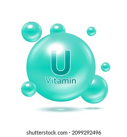 Electron for vitamin U and minerals complex. Glossy vitamins pills capsules. Pill, Healthy food supplement. Medical scientific and healthcare concept. Isolated on white background 3D Vector EPS10.