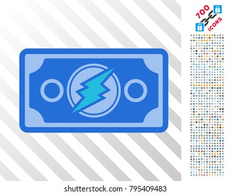 Electroneum Banknote icon with 7 hundred bonus bitcoin mining and blockchain graphic icons. Vector illustration style is flat iconic symbols design for cryptocurrency software.