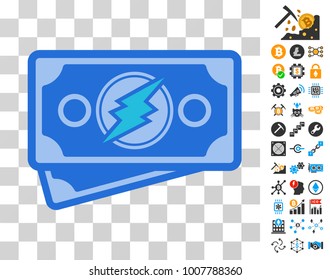 Electroneum Banknotes pictograph with bonus bitcoin mining and blockchain design elements. Vector illustration style is flat iconic symbols. Designed for crypto-currency ui toolbars.