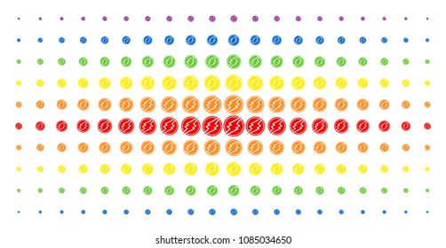 Electroneum icon rainbow colored halftone pattern. Vector electroneum symbols are organized into halftone grid with vertical rainbow colors gradient. Constructed for backgrounds, covers,