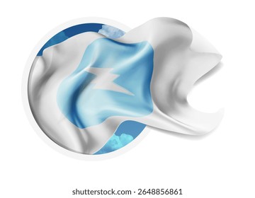 Electroneum, bandera 3d del Vector contra un cielo azul, a través de un agujero redondo en un fondo blanco